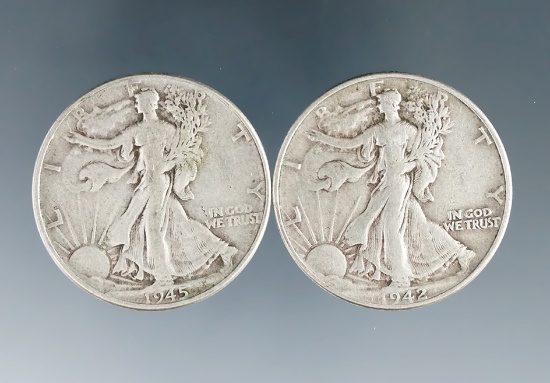 1942 and 1945 Walking Liberty Silver Half Dollars F