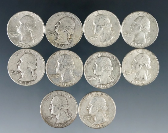 10 Assorted Washington Silver Quarters 1964 or Before G-AU