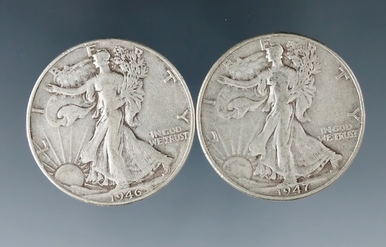 1946 and 1947 Walking Liberty Silver Half Dollars F