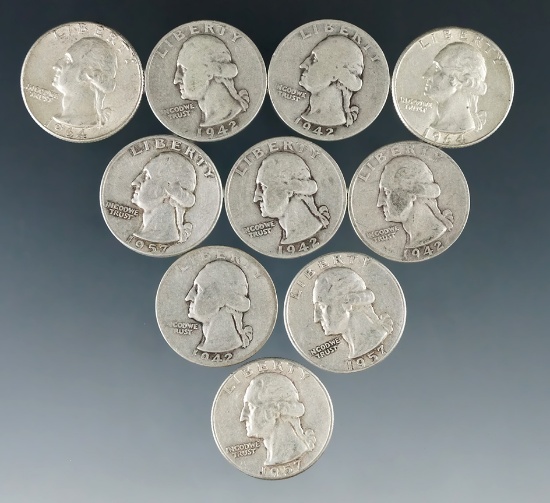 10 Assorted Washington Silver Quarters 1964 or Before VG-AU