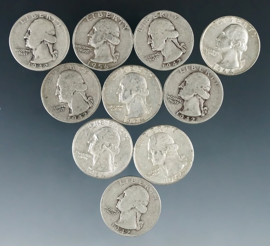 10 Assorted Washington Silver Quarters 1964 or Before G-AU