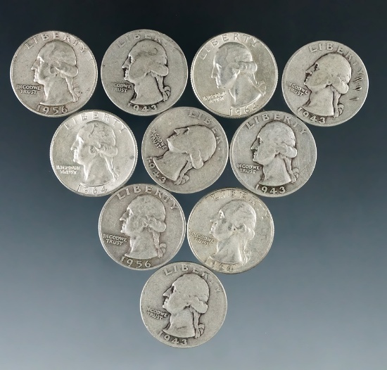 10 Assorted Washington Silver Quarters 1964 or Before G-AU