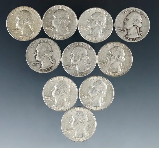 10 Assorted Washington Silver Quarters 1964 or Before G-AU