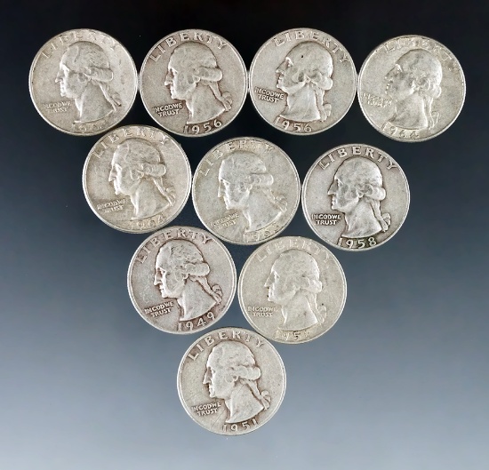10 Assorted Washington Silver Quarters 1964 or Before G-AU