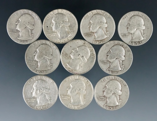 10 Assorted Washington Silver Quarters 1964 or Before G-AU