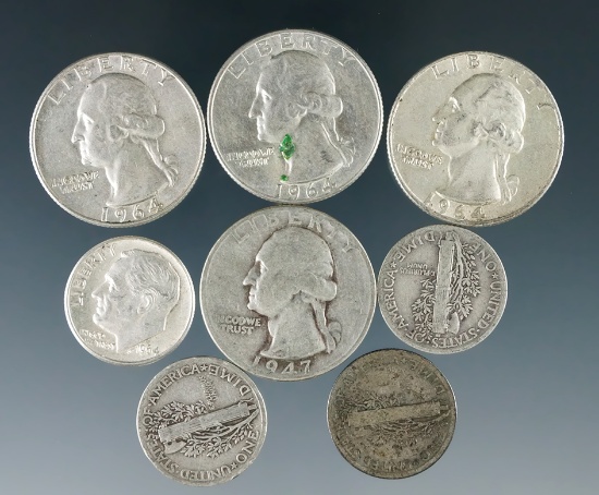 1916-S and 2 Mercury Dimes, Roosevelt Silver Dime, Silver Washington Qrts. *See full descrip…