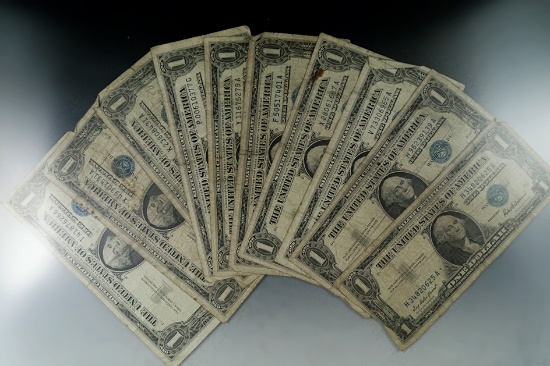 10 Silver Certificates 1935 E, 4-1957, 1957 A and 4-1957-B G-VG