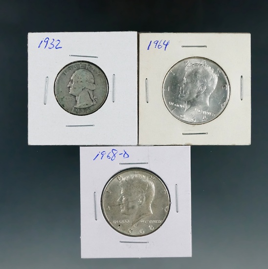 1932 Washington Silver Quarter VG, 1964 and 1968-D Kennedy Half Dollars AU-BU