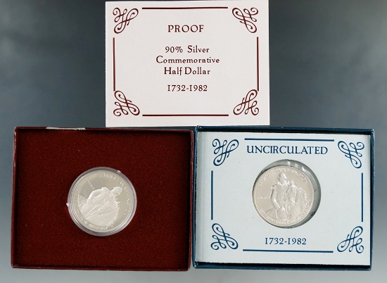 2-1982 George Washington Silver Half Dollars Uncirculated and Proof in Original Boxes w/ COA’s