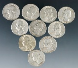 10 Assorted Washington Silver Quarters 1964 or Before F-AU