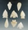 Set of 8 nicely flaked quartz arrowheads found in Greenwich, New Jersey.