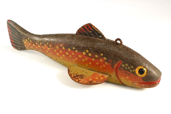 Vintage painted wood and metal 8" long fishing decoy in excellent condition.