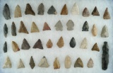 Large group of approximately 38 assorted arrowheads from various locations. Largest is 2 7/8