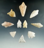 Group of 10 assorted quartz arrowheads found in Greenwich New Jersey, largest is 2