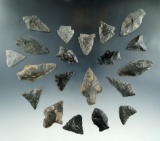 Group of 20 assorted arrowheads found along the eastern seaboard, largest is 1 11/16