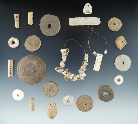 22 assorted metal, shell, stone in bone artifacts found at the Ame's site in Allegheny County NY.