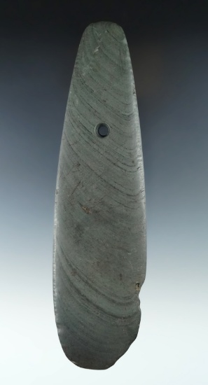 Thin and large! 7 1/16" Green banded slate Pendant found in Seneca County New York. Ex. Kelloge.