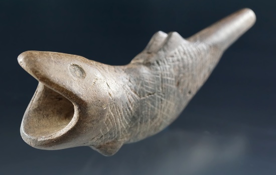 Nice! Highly stylized 5 1/4" long Iroquois clay Fish Effigy Pipe found in Jefferson County New York.