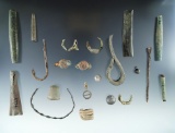 21 assorted artifacts including copper tube beads, thimble, trade rings, fishhooks, etc.  New York.