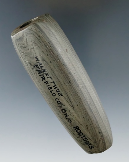 3 5/8" Archaic Fluted Tubular Bannerstone  found in Walnut Twp., Fairfield Co., Ohio. Ex. Vietzen.