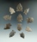 Set of 11 assorted New York arrowheads, largest is 1 3/8