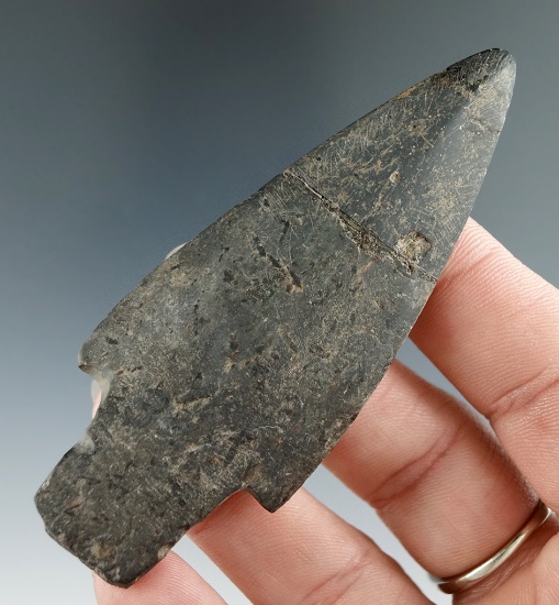 3 5/16" Well polished slate spear - Jefferson Co., New York. Broken and glued at the midsection.