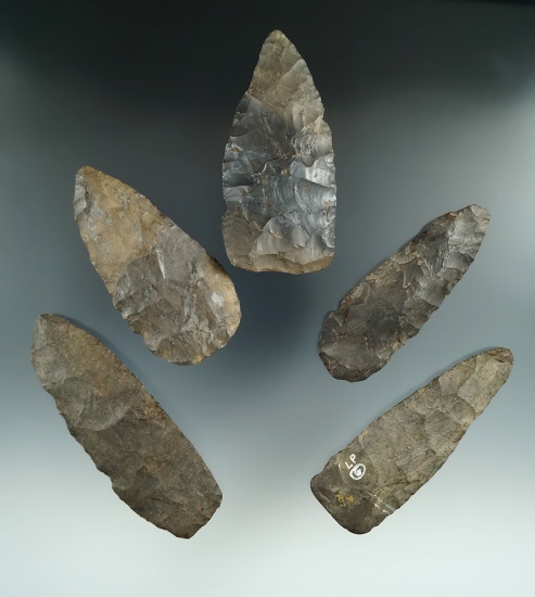 Set of five Flint blades found in New York, largest is 4 5/16".