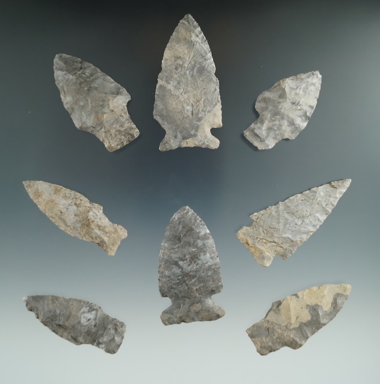 Set of 8 assorted arrowheads found on the Comstock and Vaugan Farm in Allegheny Co., NY.