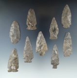 Group of nine assorted Onondaga chert arrowheads found in New York, largest is 2 7/16