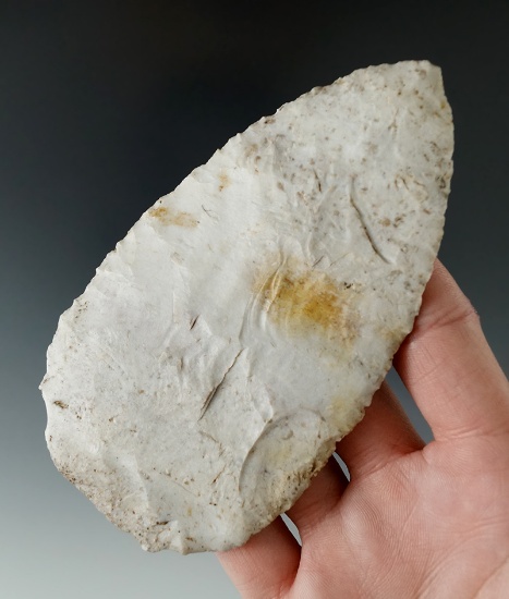 Well flaked 4 3/4" Flint Ridge Flint Archaic Blade with heavy mineral deposits on surface, Ohio.