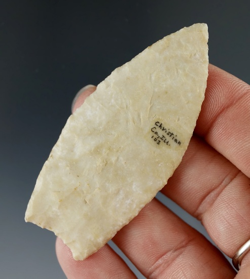 Very thin! Well flaked 2 9/16" Paleo with nicely ground lower edges found in Christian County IL.