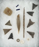 Set of 15 assorted copper points, beads, gun flints, iron and bone awls from the 17th century.  NY.