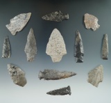 Set of 12 assorted arrowheads found near the upper Susquehanna, Otsego County NY.