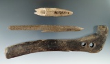 3 Inuit artifacts including a harpoon toggle, harpoon tip and scraper handle found in Alaska.