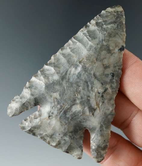 2 7/8" classic Archaic Diagonal Notch Point made from Coshocton Flint. Found in Shelby, Ohio.