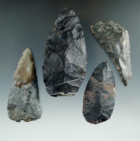 Set of four Coshocton Flint Blades found in Ohio, largest is 3 5/8".