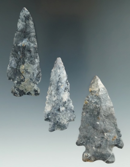 Set of three nice Coshocton Flint Archaic arrowheads, largest is 2 5/8".