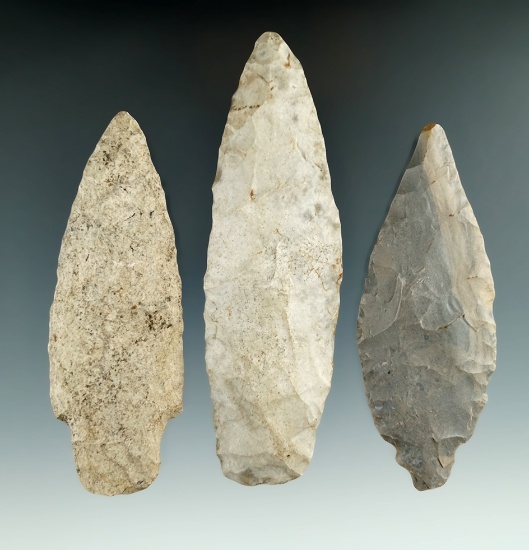 Set of three Flint artifacts including a 4 3/4" Lanceolate and two Adenas.