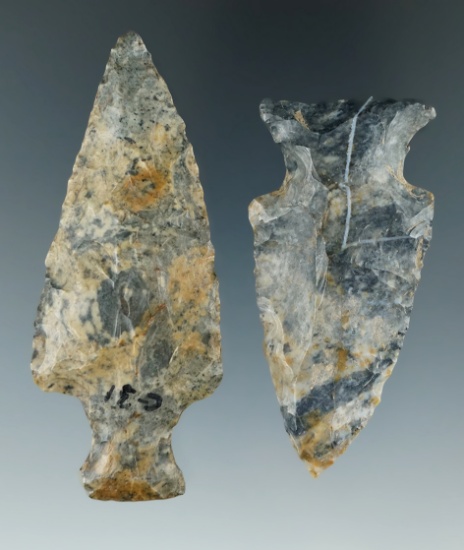 Pair of extremely colorful Coshocton Flint Points, both found in Hocking Co., Ohio.