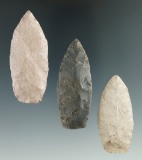 Set of three Paleo Lanceolates found in Illinois, largest is 2 9/16