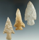 Set of three assorted arrowheads including a nice Flint Ridge Flint Adena that is 2 13/16