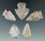 Group of five assorted Flint Ridge colorful points. One 