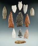 Group of 12 assorted projectile points and Knives from the Midwest and Southwest.