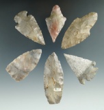 Set of six assorted Illinois arrowheads, largest is 2 9/16