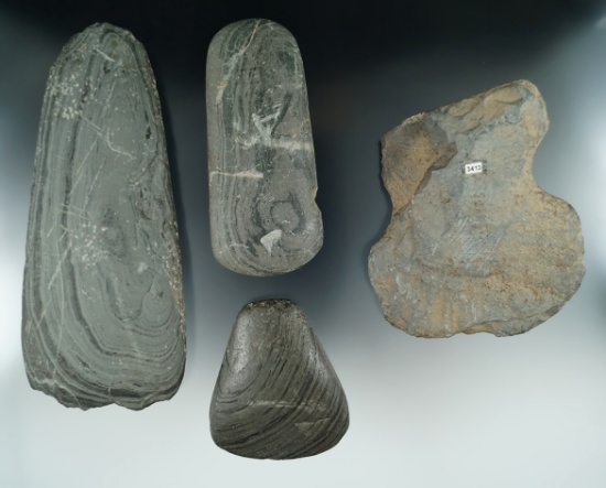 Set of 4 Slate Artifacts from Ohio.  Largest is a Banded Slate Celt 7 3/16".