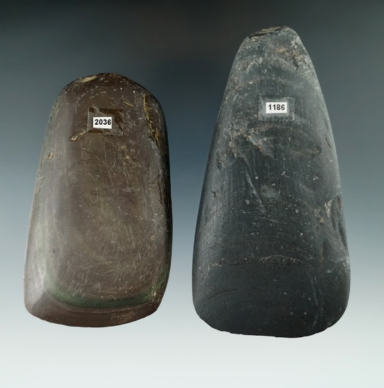 Pair of Slate Celts.  Largest is 4 7/16" and is from Indiana.  The smaller is 3 11/16" found in Ohio
