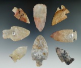 Set of 8 assorted Flint Ridge Flint arrowheads found in Ohio, largest is 2 5/8