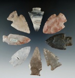 Nice assortment of eight Ohio arrowheads, several are colorful Flint Ridge. Largest is 2 1/16