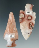 Pair of colorful Flint Ridge Flint arrowheads found in Ohio, largest is 2 1/4