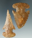 Pair of nicely colored Flint Ridge Flint Archaic Thebes Bevels found in Ohio, largest is 2 1/4